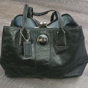 Coach Black Leather Tote with Silver Hardware